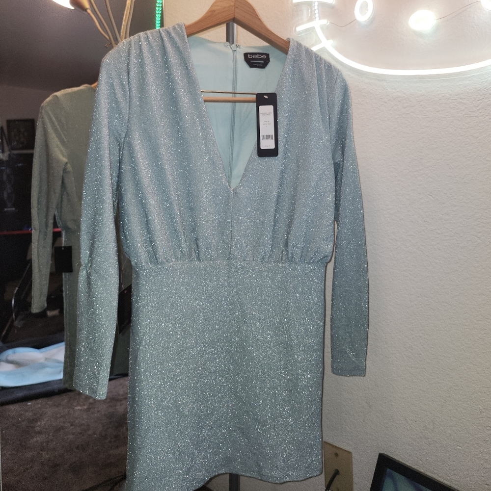 💝💝💝bebe Sparkle Mint Blue Long Sleeve V-Neck Mini Dress💝💝💝